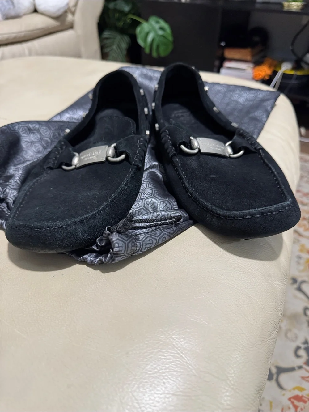 Men's Black Suede Studded Driving Loafers